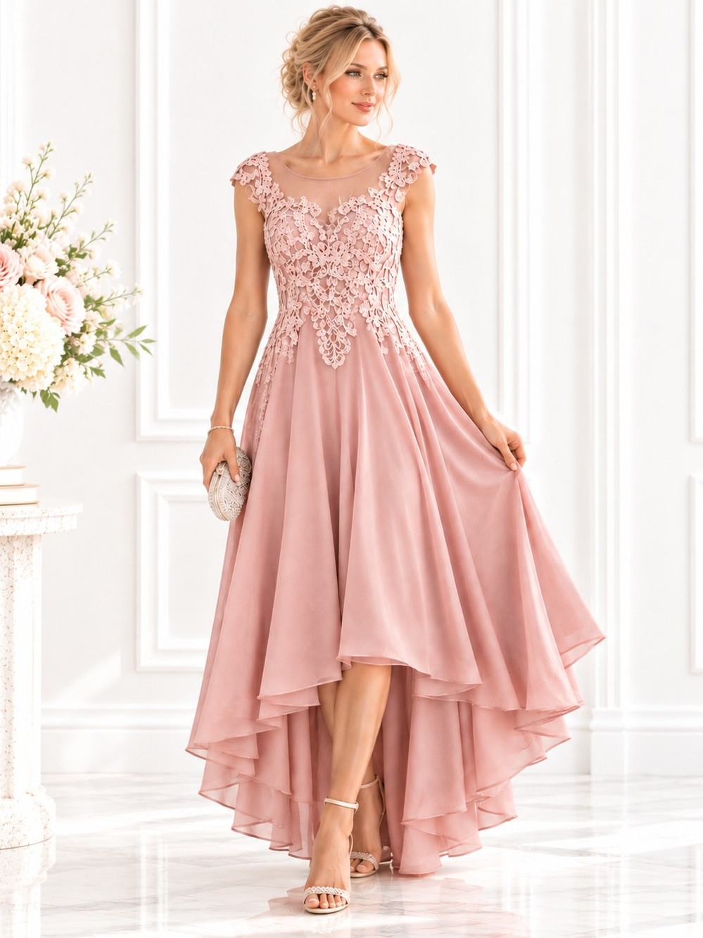Dusty Rose Lace Embellished High Low Formal Gown Dress | Size Small